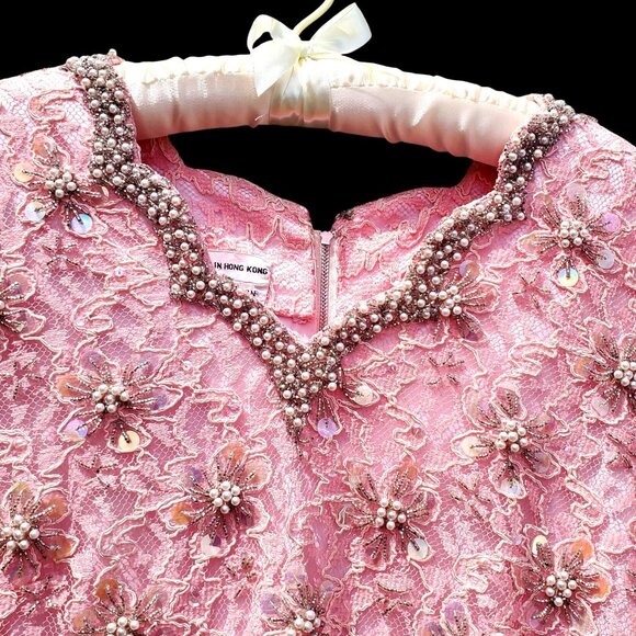 Vintage 1960s Plus Size 2X Short Formal Beaded Pink Lace Dress NWOT Hong Kong - Picture 3 of 13